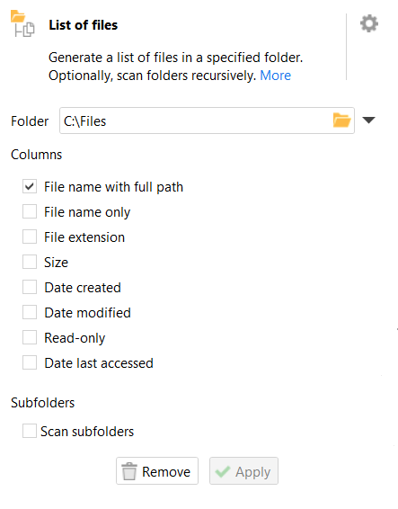 Add files list options