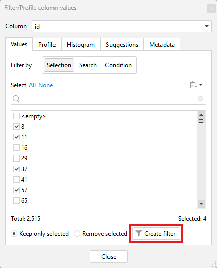 Column profiler Add Filter