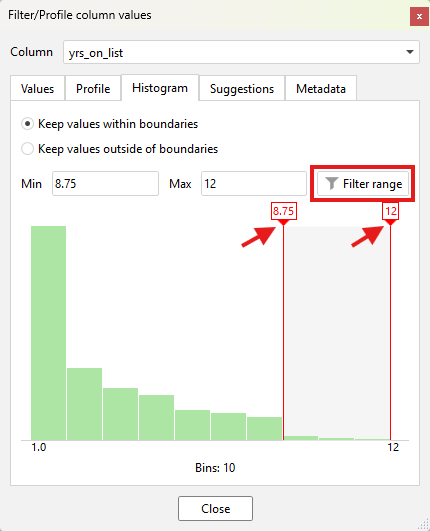 Column profiler Histogram