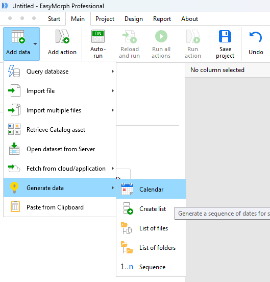 The generate calendar menu