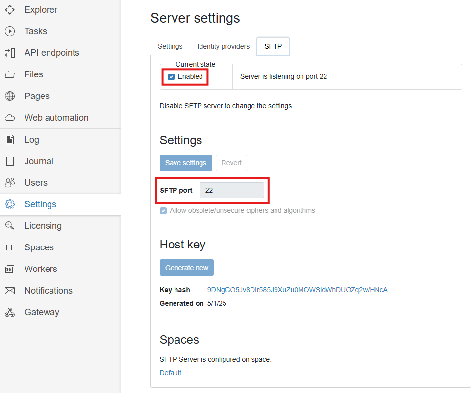 SFTP Server Settings