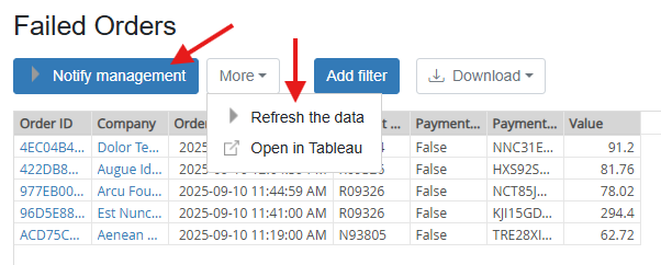 General commands in Server Analysis View