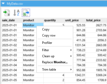Cell right click menu