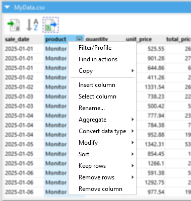 Column right click menu