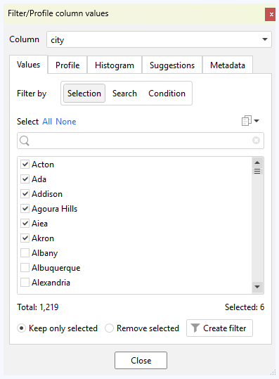 EasyMorph filter column values dialog