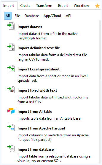 EasyMorph import actions panel