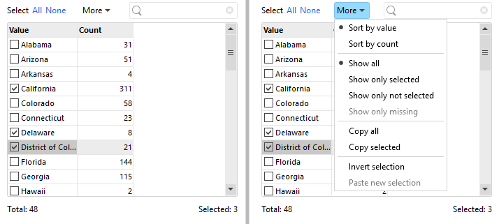 Improved column picker with distinct value counts