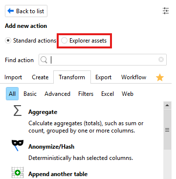 Toggle between standard actions and Explorer assets