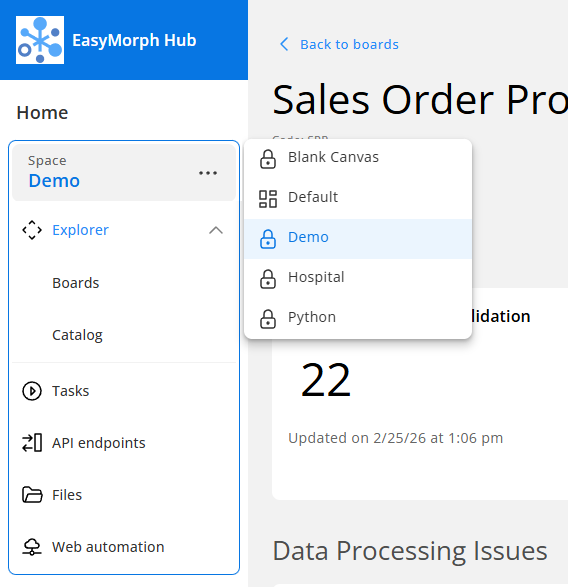 EasyMorph Hub change Space dropdown