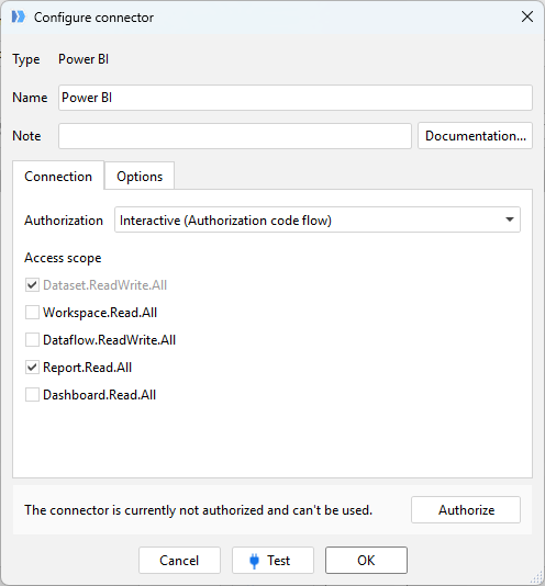 Power BI connector permission settings