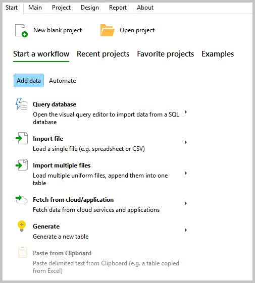 EasyMorph new project screen