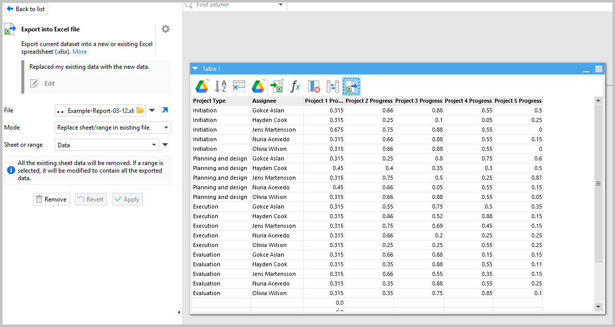 EasyMorph Export to Excel file action configuration
