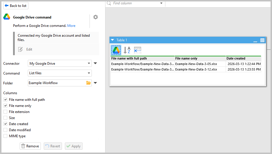 EasyMorph Google Drive command action in workflow