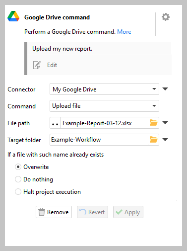 EasyMorph upload file to Google Drive action
