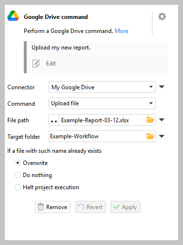 EasyMorph upload file to Google Drive action