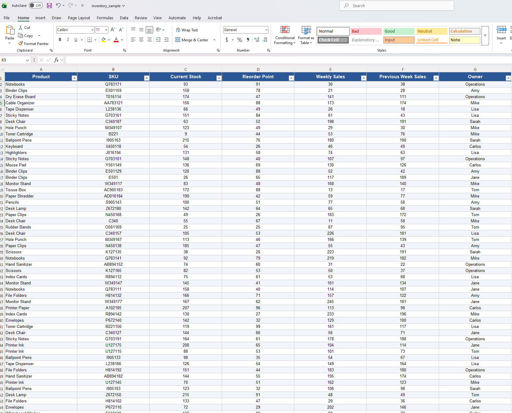 Example stock inventory file