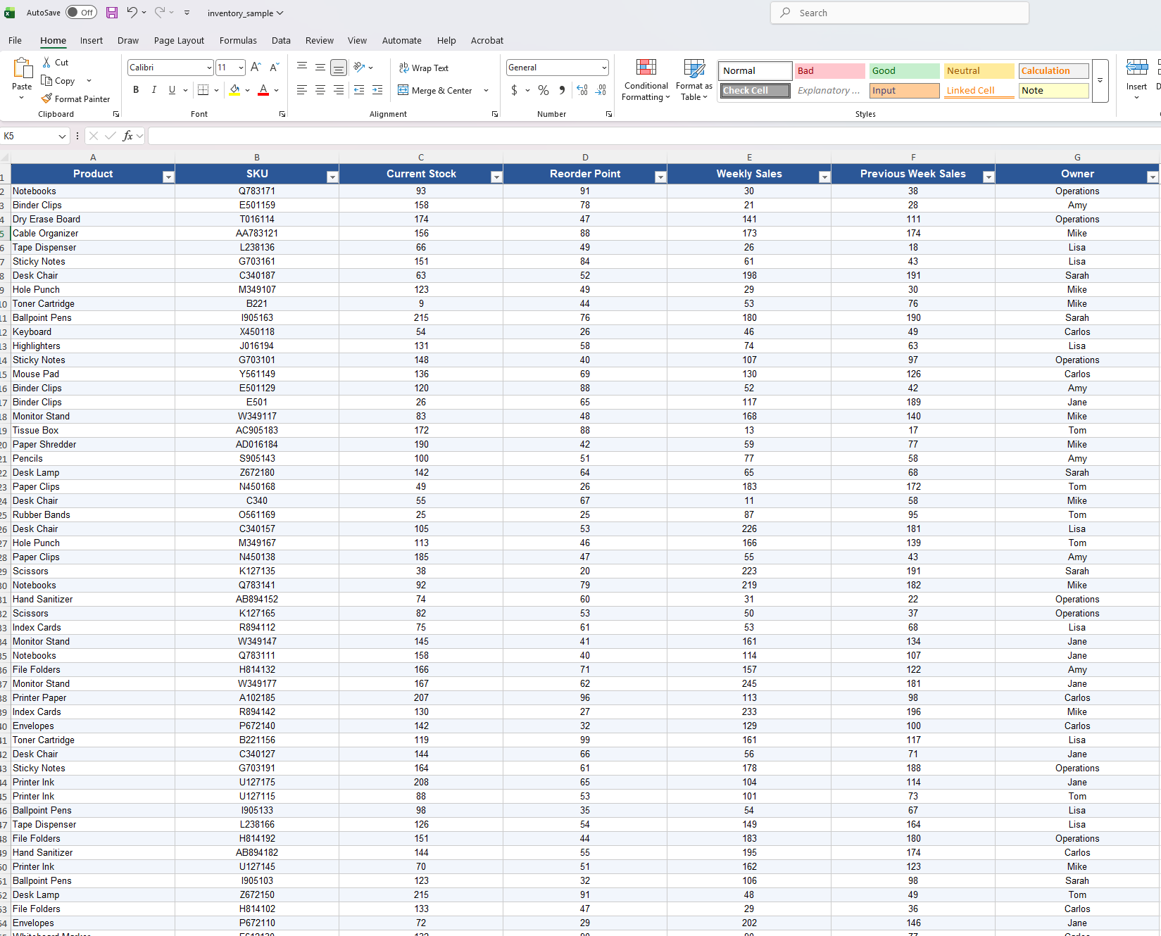Example stock inventory file