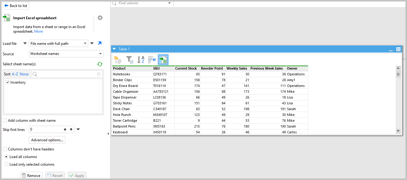 Import Excel spreadsheet action