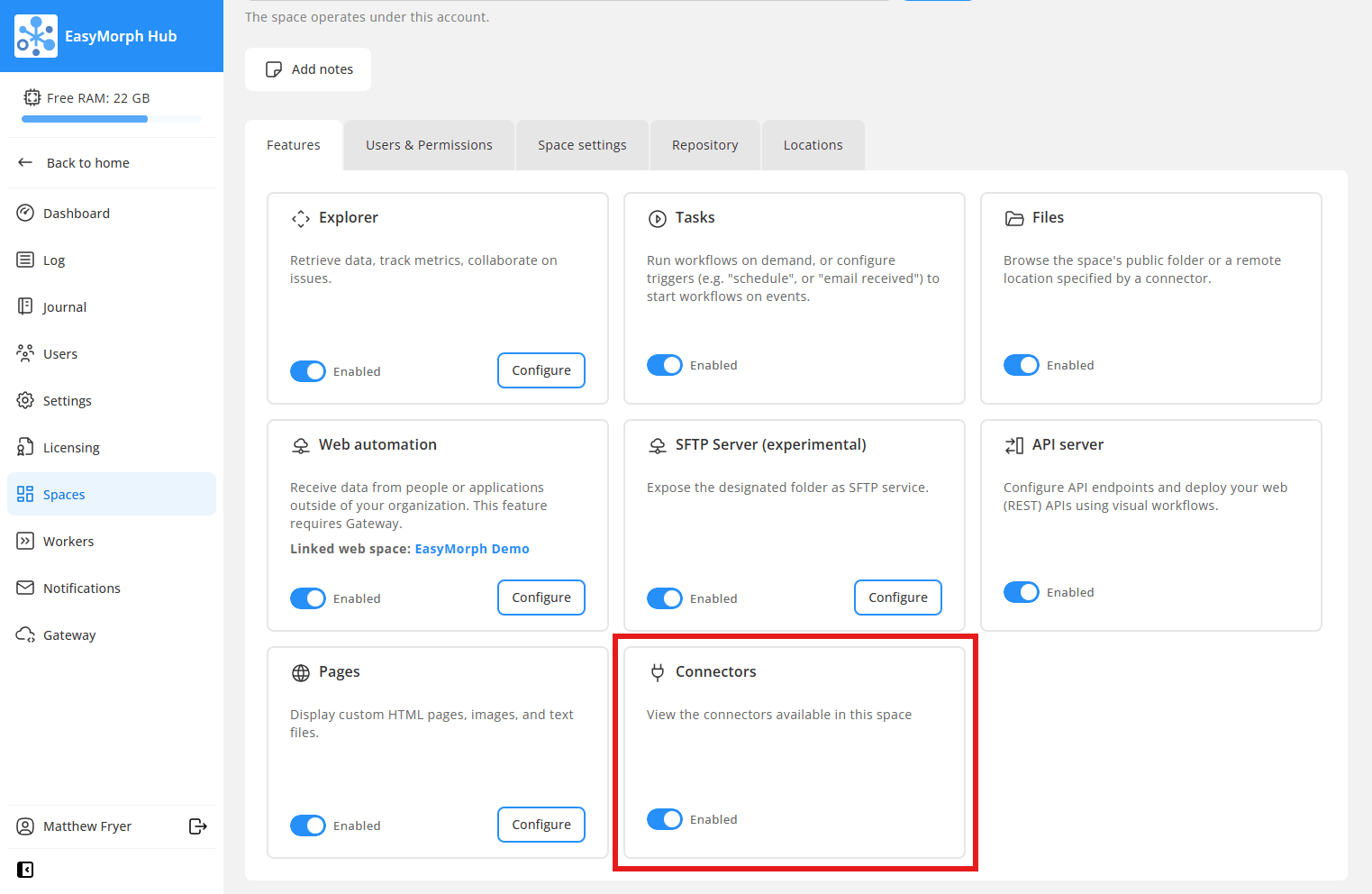 Connectors space feature
