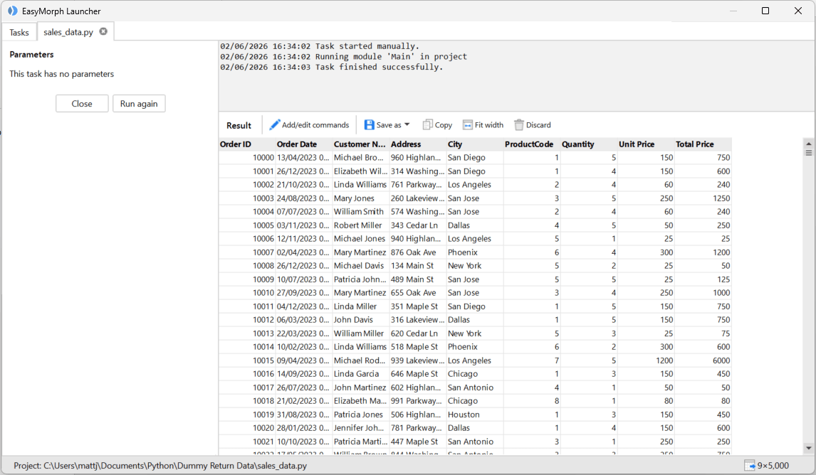 Python tasks in EasyMorph Launcher can return data