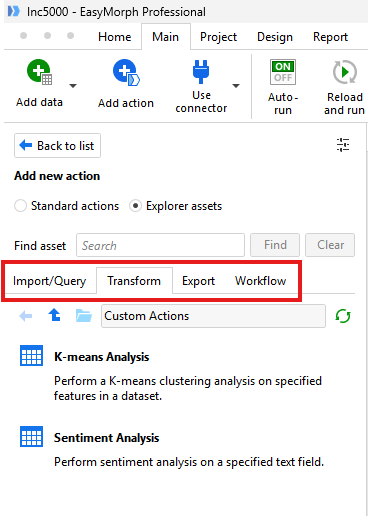 Tabs for each of the custom action types