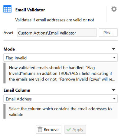 Email validator action settings