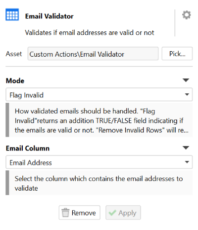 Email validator action settings