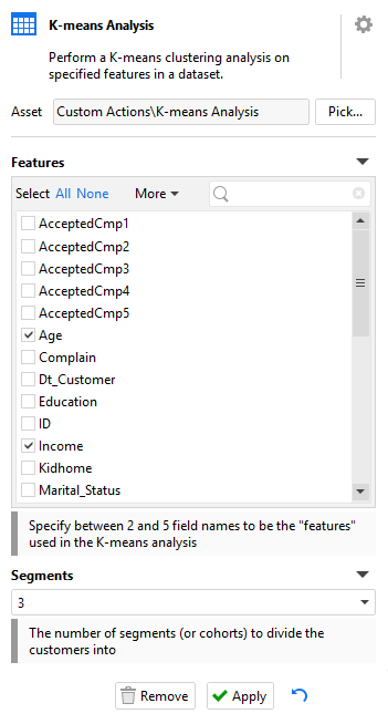 K-means analysis action settings