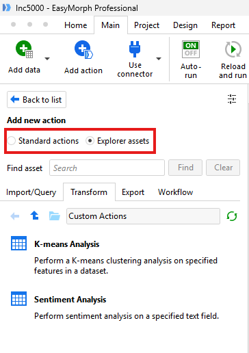 Use Explorer Catalog assets as actions
