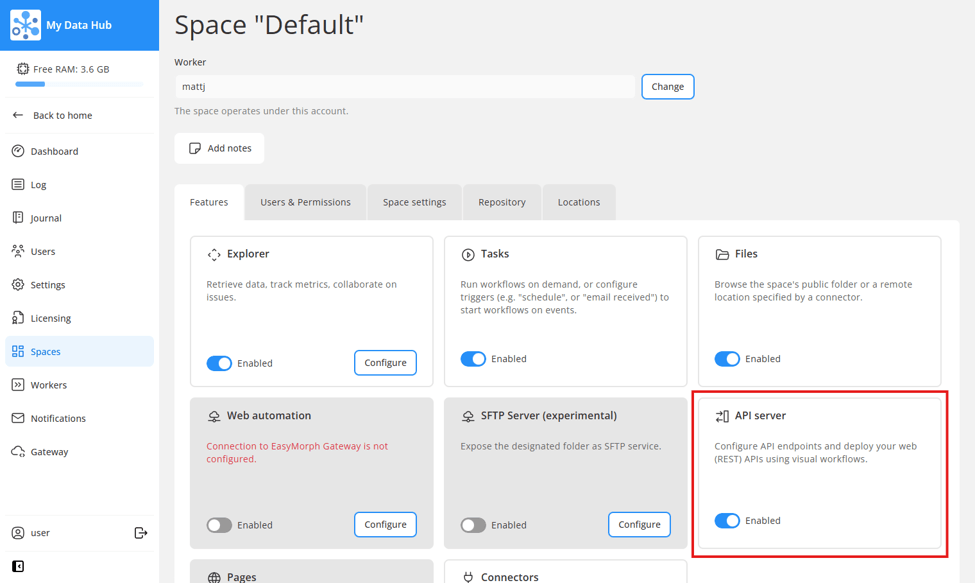 Enable the API endpoints space feature