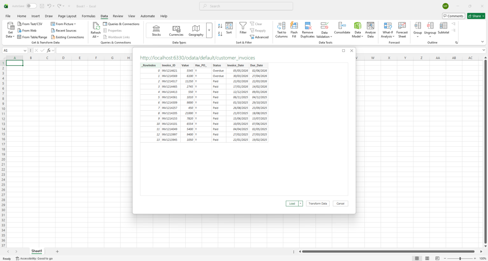 OData data loaded in Excel