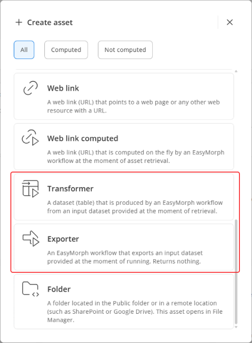 Create transformer and exporter assets