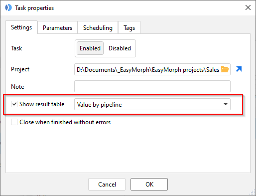 Task result settings in EasyMorph Launcher