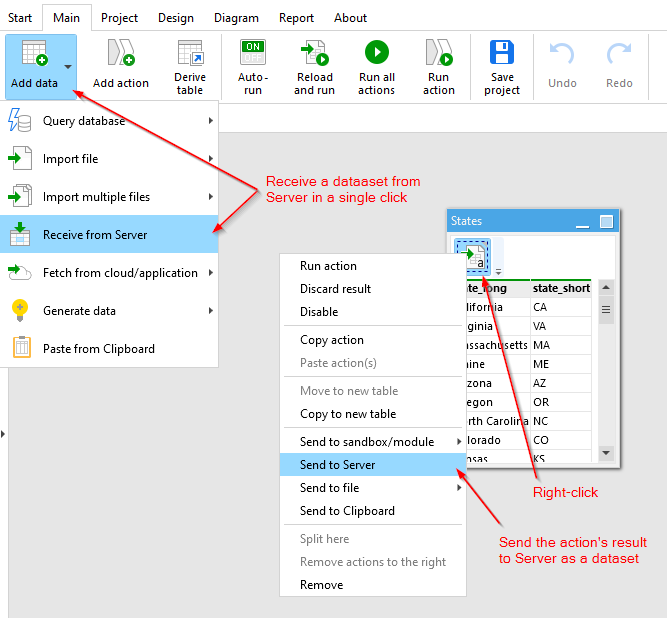 Sending datasets to and receiving from Server