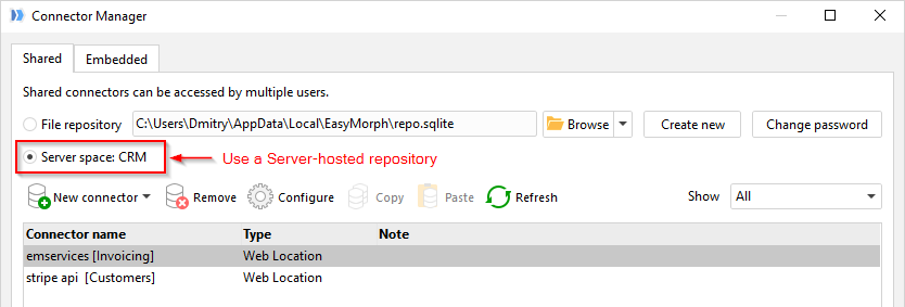 Selecting Server-hosted repository
