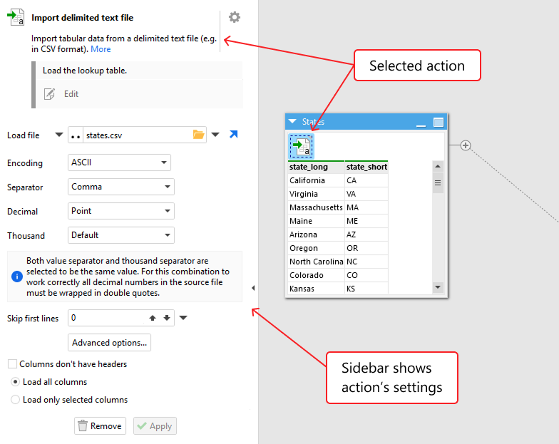 Selecing an action shows its settings in the sidebar