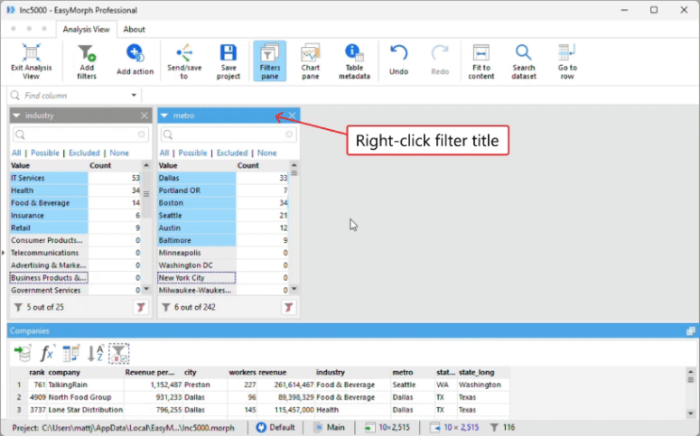 Converting an instant filter to a filter action