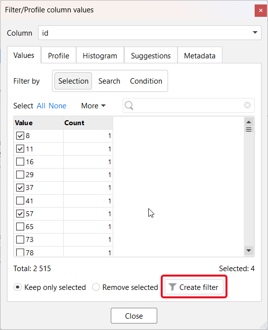 Column profiler Add Filter
