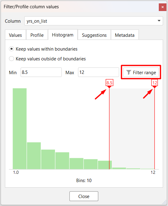 Column profiler Histogram