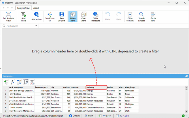 Dragging-and-dropping columns to create filters