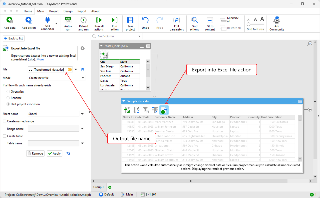 The export to Excel action