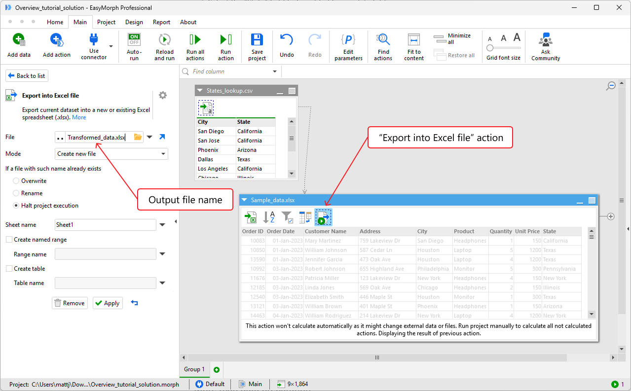 The export to Excel action