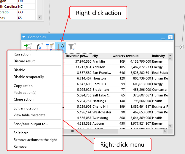 The action right-click menu