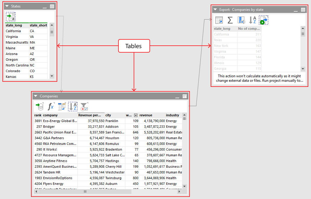 Tables in an EasyMorph workflow